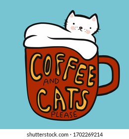 Coffee and cats please, cat in red coffee cup cartoon vector illustration