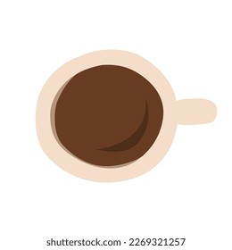 A coffee ceramic cup painted in doodle flat style, top view. Vector illustration isolated on white. Espresso mug
