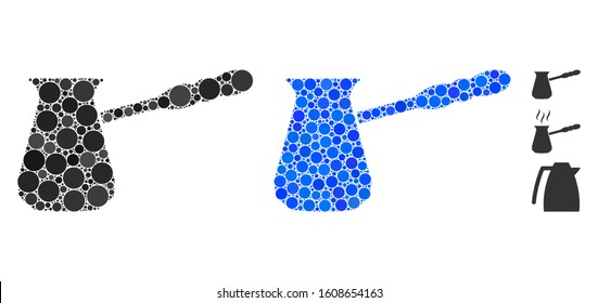 Coffee cezve composition of filled circles in different sizes and shades, based on coffee cezve icon. Vector filled circles are organized into blue mosaic.
