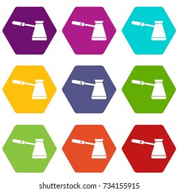Coffee cezve icon set many color hexahedron isolated on white vector illustration