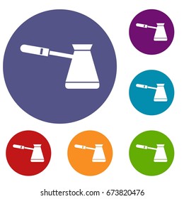 Coffee cezve icons set in flat circle reb, blue and green color for web