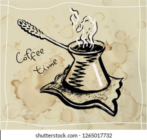 Coffee cezve. Line drawing on splashed texture background