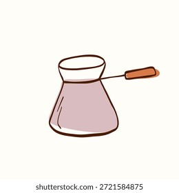 Cafetera con mango largo dibujado en un contorno limpio sobre un fondo claro. Elemento de cocina simple adecuado para la marca de cafetería, menús, empaques, pegatinas, iconos y diseños temáticos de café.