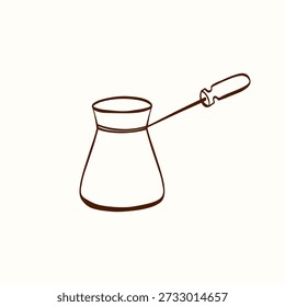 Kaffeekocher mit langem Griff, gezeichnet in sauberem Umriss auf hellem Hintergrund. Einfaches Küchenelement, geeignet für Café-Branding, Menüs, Verpackungen, Aufkleber, Symbole und Kaffee-Motive.
