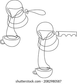 Café en cezve. El café se vierte en la taza. Dibujo continuo de líneas. Ilustración vectorial.