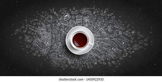 Kaffeekreide illustriertes Konzept auf schwarzem Hintergrund - weiße Kaffeetasse, Draufsicht mit Kreidedoodle-Illustration über Kaffee, Bohnen, Morgen, Espresso im Café, Frühstück. Morgenkaffee, Vektorgrafik