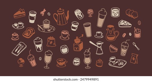 Coffee chalkboard. Hot, cold drinks and desserts in doodle stile. Cute line food elements. Minimalist icons for restaurant, cafe, patisserie, bakery, confectionary, coffeeshop menu