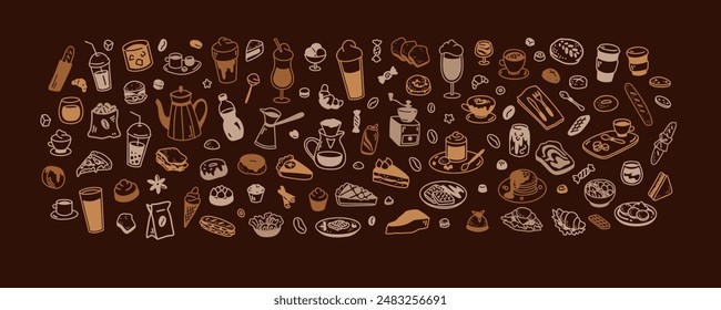 Coffee chalkboard. Hot, cold drinks and desserts in doodle stile. Cute line food elements. Minimalist icons for restaurant, cafe, patisserie, bakery, confectionary, coffeeshop menu