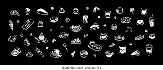 Coffee chalkboard. Hot, cold drinks and desserts in doodle stile. Cute line food elements. Minimalist icons for restaurant, cafe, patisserie, bakery, confectionary, coffeeshop menu.