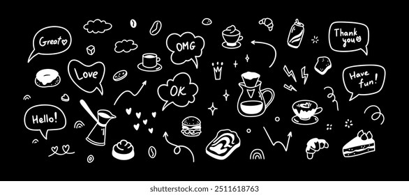 Coffee chalkboard. Hot, cold drinks and desserts in doodle stile. Cute line food elements. Minimalist icons for restaurant, cafe, patisserie, bakery, confectionary, coffeeshop menu.