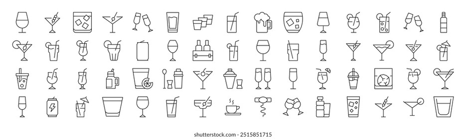 Coffee, Champaign, Wine, Cocktail, Soft Drink Related Image Collection. Editable Stroke. Perfect for Infographics, Articles, Books, Flyers, Banners