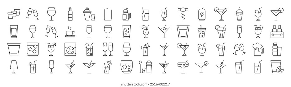 Coffee, Champaign, Wine, Cocktail, Soft Drink Outline Icon Collection. Editable Stroke. Perfect for Infographics, Articles, Books, Flyers, Banners