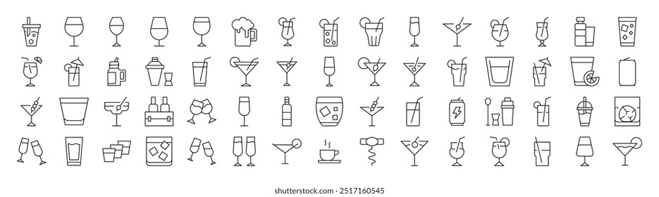 Coffee, Champaign, Wine, Cocktail, Soft Drink Outline Icon Collection. Editable Stroke. Perfect for Infographics, Articles, Books, Flyers, Banners