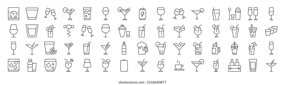 Café, champaña, vino, cóctel, Colección de iconos de línea de refrescos. Trazo Editable. Perfecto para infografías, artículos, libros, volantes, Anuncios