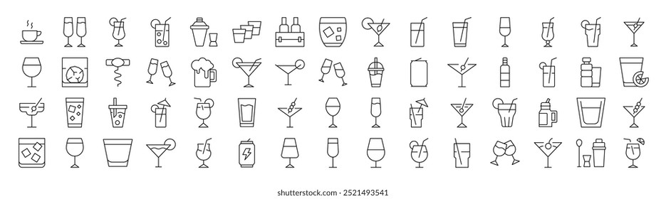Coffee, Champaign, Wine, Cocktail, Soft Drink Outline Sign Collection. Editable Stroke. Perfect for Infographics, Articles, Books, Flyers, Banners