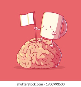 Coffee character climbing brain vector illustration. Motivation, inspiration, energy design concept	
