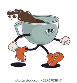 Kaffeezeichensammlung. Maskottchen-Tassen mit heißem Getränk, Cappuccino, Latte, Espresso im trendigen Cartoon-Stil. Kaffeefiguren im Stil der 60er, 70er Jahre. Retro Comic Café Maskottchen.