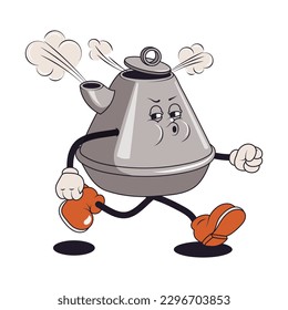 Coffee character collection. Mascot cups of hot drink, cappuccino, latte, espresso in trendy vintage cartoon style. Coffee characters in 60s, 70s old animation style. Retro comic cafe mascots.