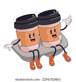 Coffee character collection. Mascot cups of hot drink, cappuccino, latte, espresso in trendy vintage cartoon style. Coffee characters in 60s, 70s old animation style. Retro comic cafe mascots.