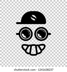 Coffee character, croissant smile, cap with grain, espresso logo, creative comic icon. Black symbol on transparent background