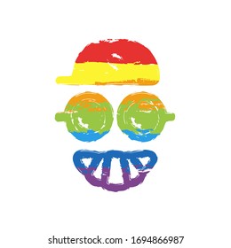 Coffee character, croissant smile, cap with grain, espresso logo, creative comic icon. Drawing sign with LGBT style, seven colors of rainbow (red, orange, yellow, green, blue, indigo, violet