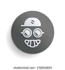 Coffee character, croissant smile, cap with grain, espresso logo, creative comic icon. White paper symbol on gray round button or badge with shadow