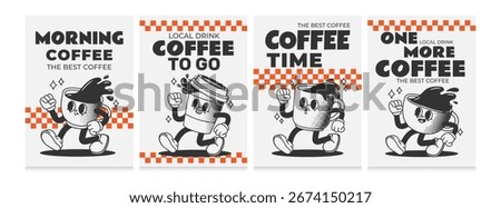 Coffee character. Retro coffee shop poster. Vintage walking drink mascot with text. Cafe menu with coffee cup, espresso mug, cappuccino, latte. Groovy comic vector set.