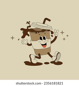 Coffee character in retro style, vintage poster. International coffee day. To go or takeaway concept with vintage walking paper coffee cup character. Groovy coffee