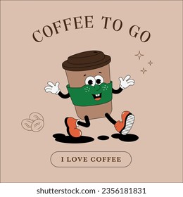 Coffee character in retro style, vintage poster. International coffee day. To go or takeaway concept with vintage walking paper coffee cup character. Groovy coffee