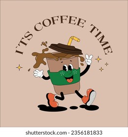 Coffee character in retro style, vintage poster. International coffee day. To go or takeaway concept with vintage walking paper coffee cup character. Groovy coffee