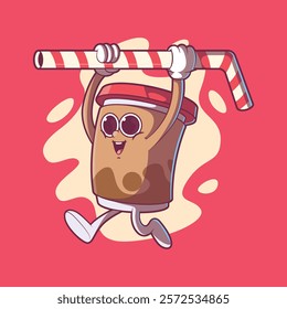 Coffee Character running holding a straw vector illustration. Drink, mascot design concept.