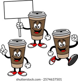 Coffee Character Set, Hand Drawn Vector illustrations, Isolated On Transparent Background
