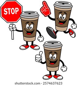 Coffee Character Set, Hand Drawn Vector illustrations, Isolated On Transparent Background