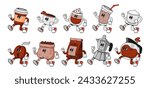 Coffee character. Vintage cute cups with drink for breakfast. Cartoon walking mug beverage and beans for coffee shops, cafe, cafeteria. Mascot caffeine espresso maker. Vector set. Hot and cold drinks
