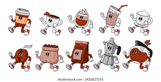 Coffee character. Vintage cute cups with drink for breakfast. Cartoon walking mug beverage and beans for coffee shops, cafe, cafeteria. Mascot caffeine espresso maker. Vector set. Hot and cold drinks