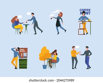 Personajes de café. Pareja tomando té caliente o café por la mañana desayuno capuchino espresso garish vectores personas de estilo plano