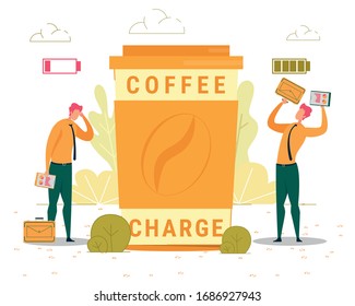 Coffee Charge Abstract Flat Banner Vector Template. Energizing Hot Drink, Coffeehouse Advertising Poster Concept. Office Worker with Low and High Energy Level illustration with Typography