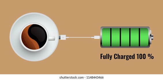 Coffee is Charging Battery. Concept of drinking caffeine and then full energy is refreshing.