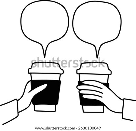 Coffee Chat Doodle Vector Illustration - Two Hands Holding Cups with Speech Bubbles