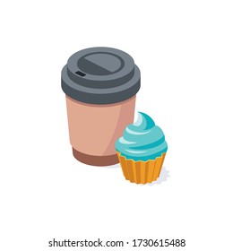 Coffee and cheesecake. Vector 3d isometric, color web icon, new flat style. Creative illustration design, isolated graphic idea for infographics.