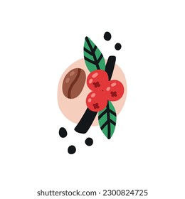 Coffee cherry berries and beans. Hand drawn kids vector illustration in doodle style