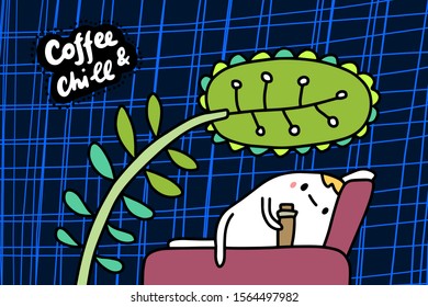 Coffee and chill hand drawn vector illustration in cartoon comic style man laying on bed under big plant lettering