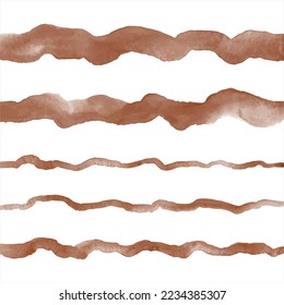 Coffee, chocolate brown watercolor vector wavy long brush strokes, uneven wide, thin stripes, doodle streaks. Hand drawn watercolour graphic design elements set, text backgrounds, border templates
