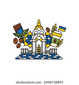Coffee Chocolate Cafe Ukraine. Vector Illustration of Kharkiv Ukrainian City Fountain Statue. Mint Sunflower and European Architecture.