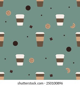 coffee and chocolate chip cookies. Vector seamless pattern.