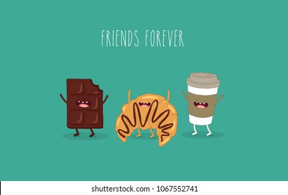 coffee, chocolate, croissant, friends forever. Breakfast. Use for cards, fridge magnets, stickers, posters. 