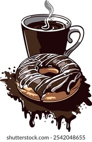 Café con rosquilla de chocolate. Vector de desayuno.