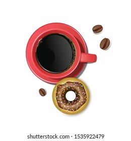 Coffee and a chocolate doughnut, illustrations on The white background, Cup of coffee and on the plate is chocolate donut. realistic vector EPS 10 format