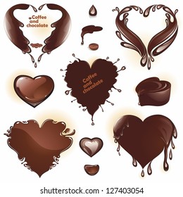 Coffee and chocolate. Drops and splashes in the shape of a heart. (vector illustration)