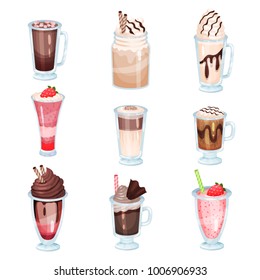 Coffee, chocolate and fruit smoothie set, refreshment beverage in glass cartoon vector Illustrations